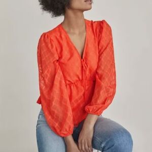 Elizabeth and James orange knot front vneck long puff sleeve peplum blouse sz XL